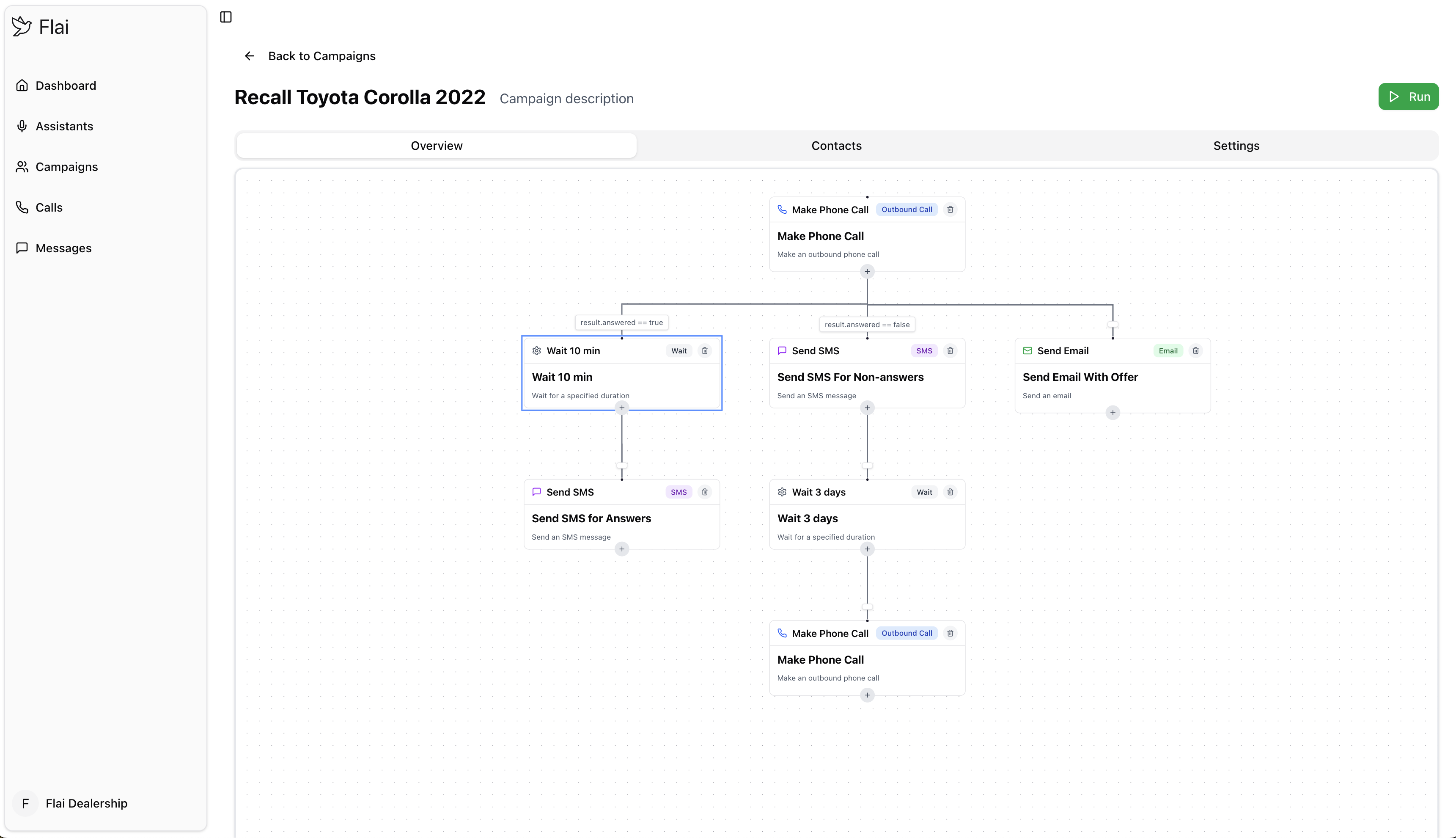 Workflow automation interface showing a recall campaign with multiple steps including phone calls, wait times, SMS, and email follow-ups